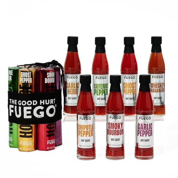 Thoughtfully The Good Hurt Fuego Hot Sauce Variety Pack, Includes 7 Bottles in Exotic Flavors Like Habanero, Ghost Pepper, Smoky Bourbon