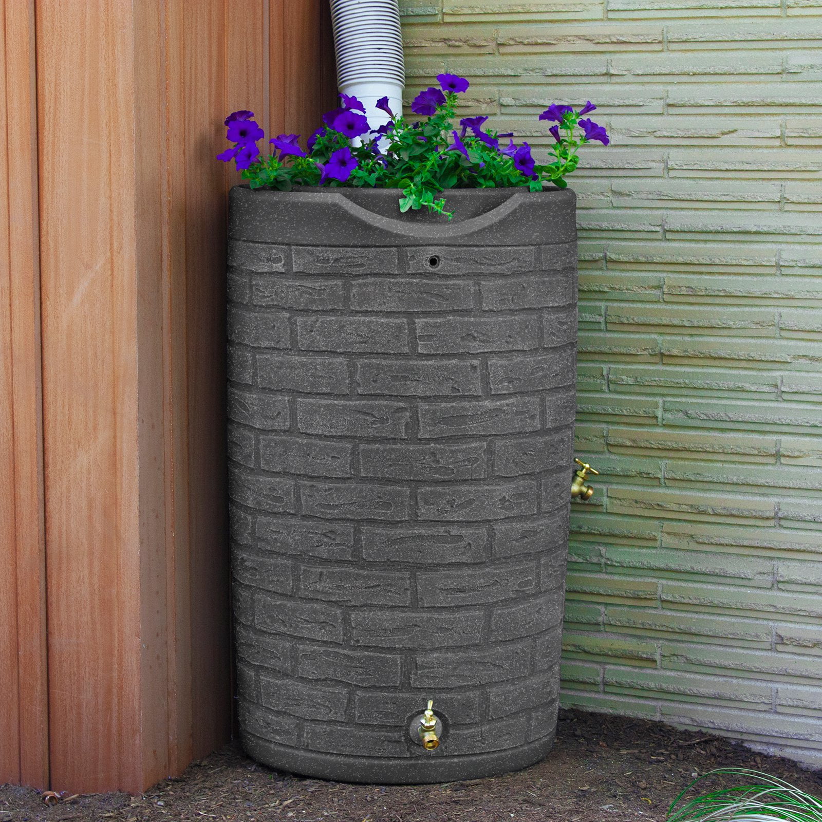 Impressions Downton 50 Gallon Dark Granite Plastic Rain Barrel with Planter