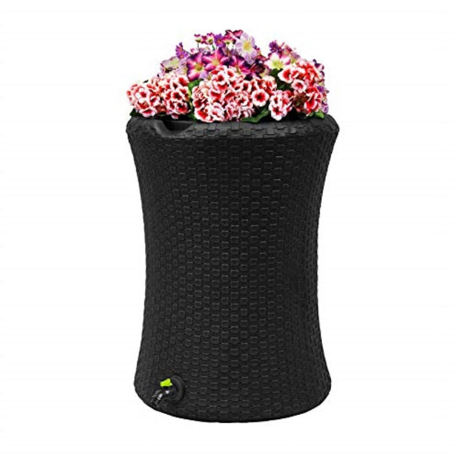 Black Wicker 50 Gallon Rain Barrel with Planter Top