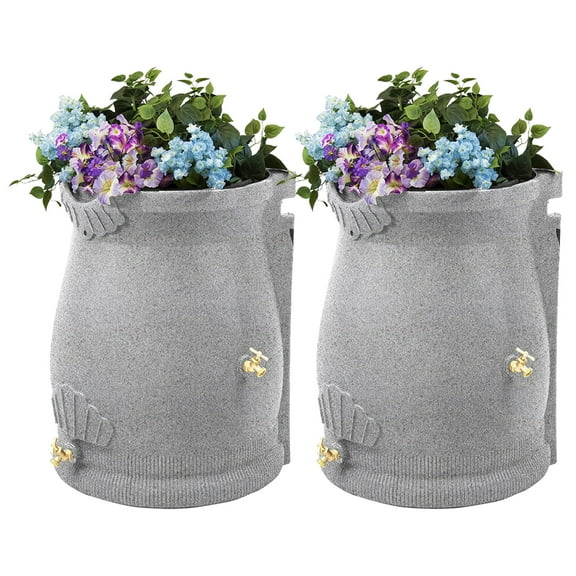 Good Ideas Rain Wizard 50 Gal Plastic Rain Barrel Urn, Granite (2 Pack)