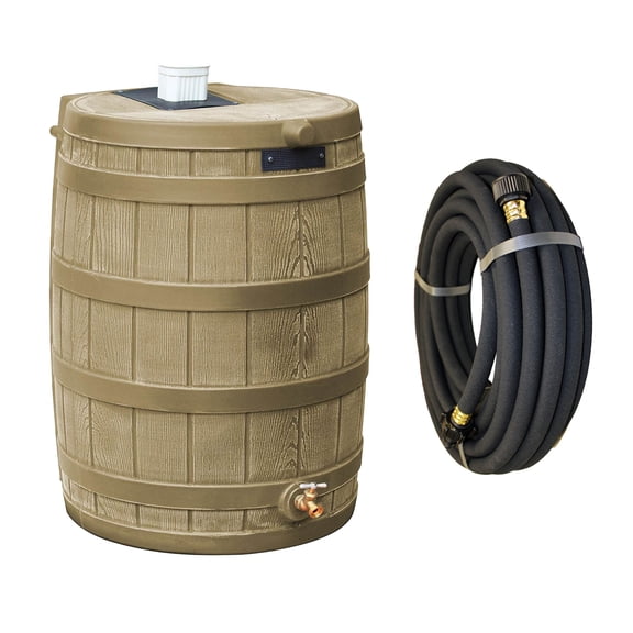Good Ideas Rain Wizard 50 Gallon Plastic Rain Barrel, Khaki Bundled with 50' Soaker Hose