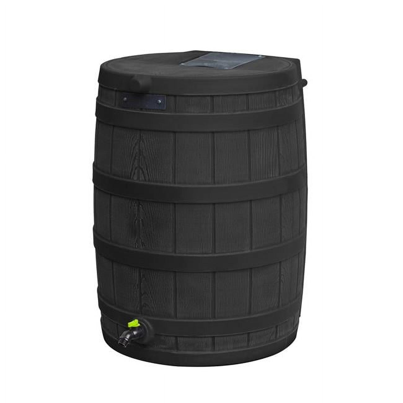 Black 50-Gallon Plastic Rain Water Collection Barrel