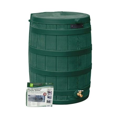 Good Ideas Rain Wizard Rain Collection Barrel 50-Gallon w/ Diverter Kit, Green