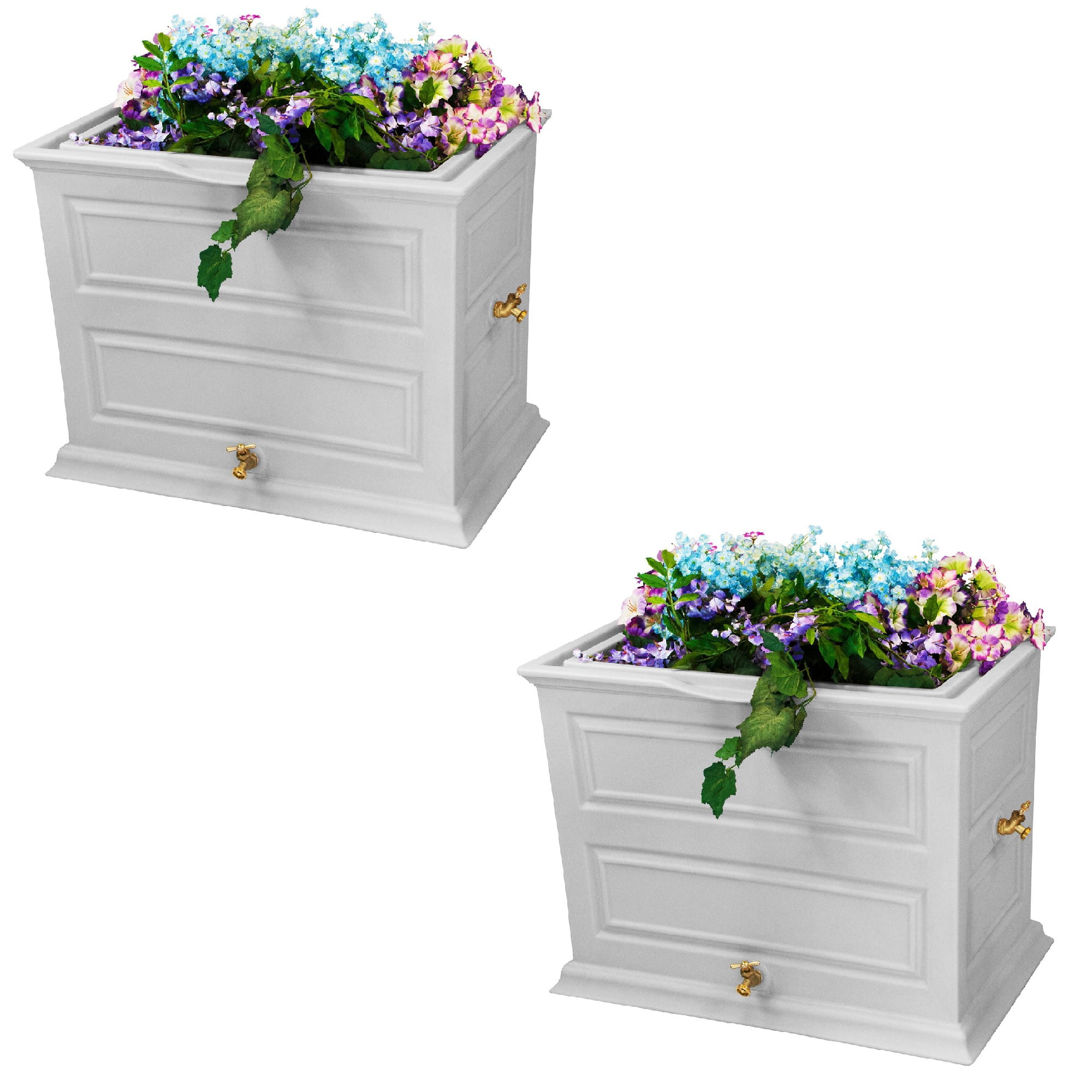 Savannah 50 Gallon White Polyethylene Rain Barrel Planter with Brass Spigot, 2 Pack