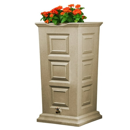 Good Ideas Savannah Outdoor 55 Gallon Flat Back Rain Barrel & Planter, Sandstone
