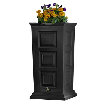 Good Ideas Savannah Outdoor 55 Gallon Flat Back Rain Barrel and Planter, Black