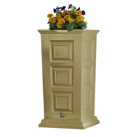 Good Ideas Savannah Outdoor 55 Gallon Flat Back Rain Barrel and Planter, Khaki
