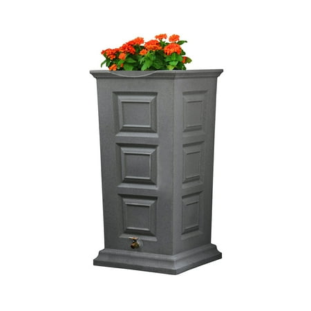 Good Ideas Savannah Outdoor 55 Gallon Rain Barrel and Planter, Light Granite