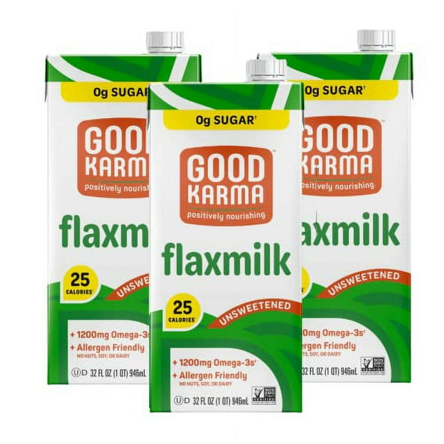 Good Karma Unsweetened Flaxmilk, 32 Ounce (Pack of 3), 0g Sugar + 1200mg Omega3 Per Serving