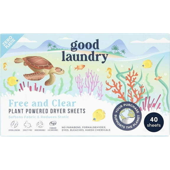 Good Laundry - Free and Clear (Unscented) Dryer Sheets, Reduce Static, Infused with Essential Oils