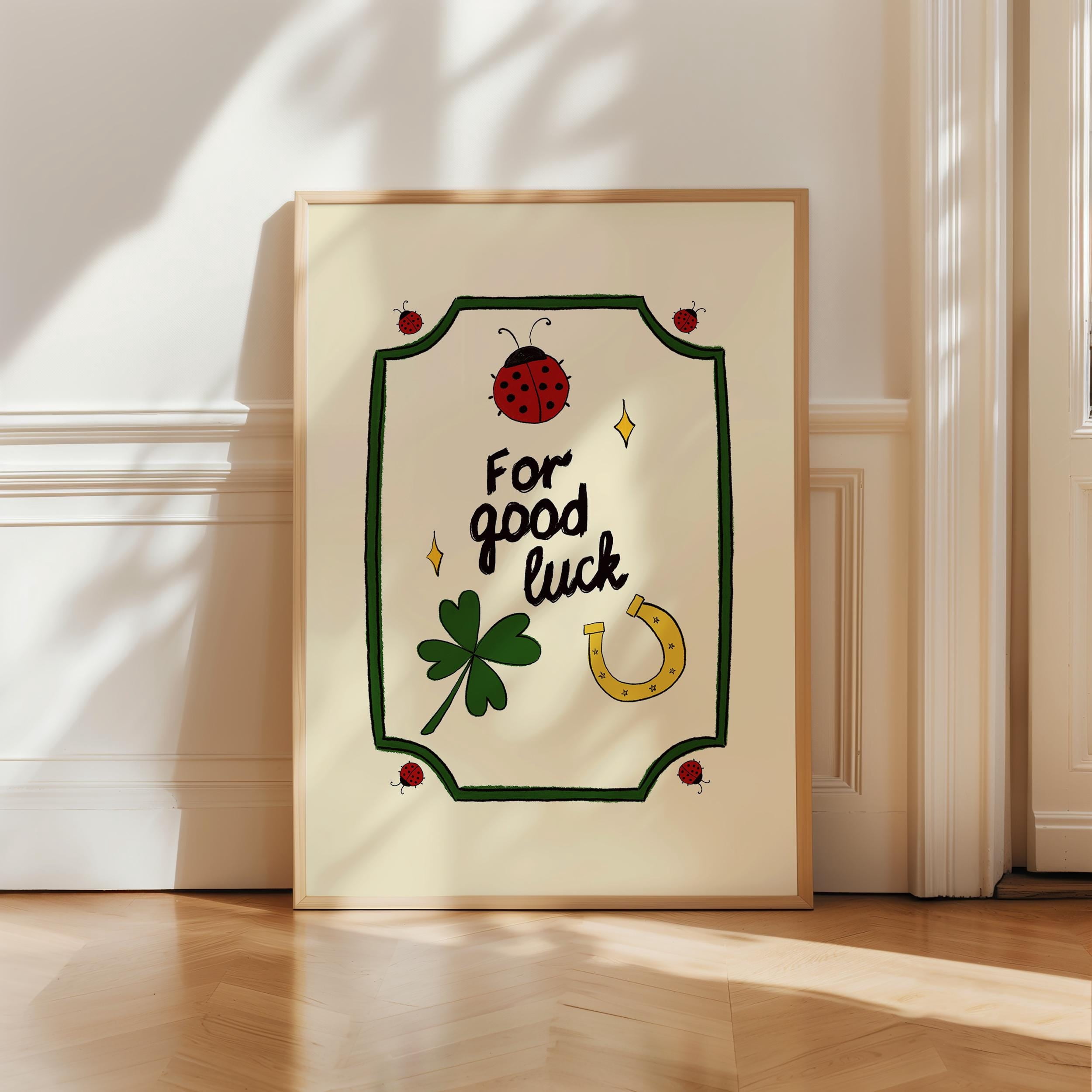Good Luck Art Print: Lucky Charm Poster, Ladybug Horseshoe Clover Wall ...