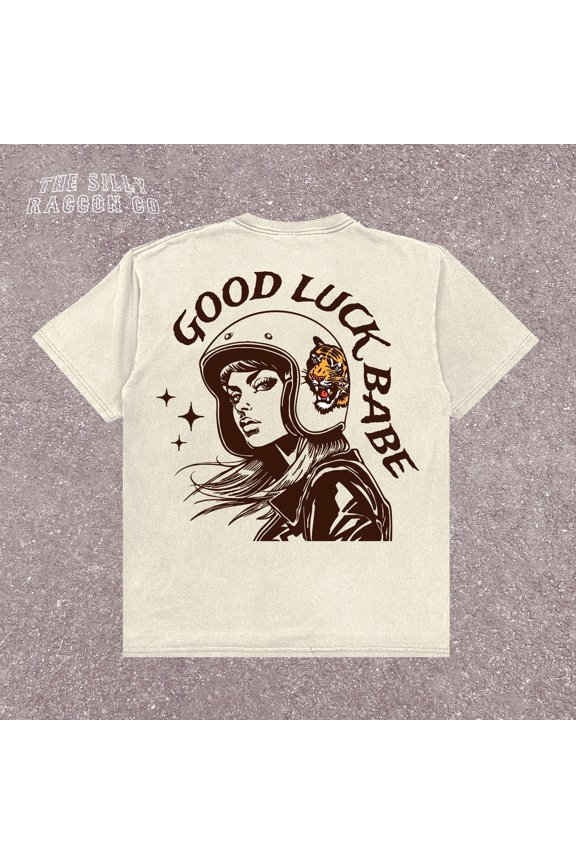 Good Luck Babe Retro Motorcycle Rider T-Shirt - Vintage Graphic Tee for Trendy Biker Style