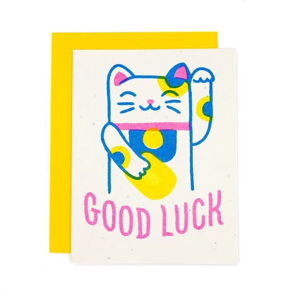 Good Luck Card with Cheerful Cat Design Blank Inside Greeting Card Includes Yellow Envelope Perfect for Encouragement, New Beginnings, or Celebrations