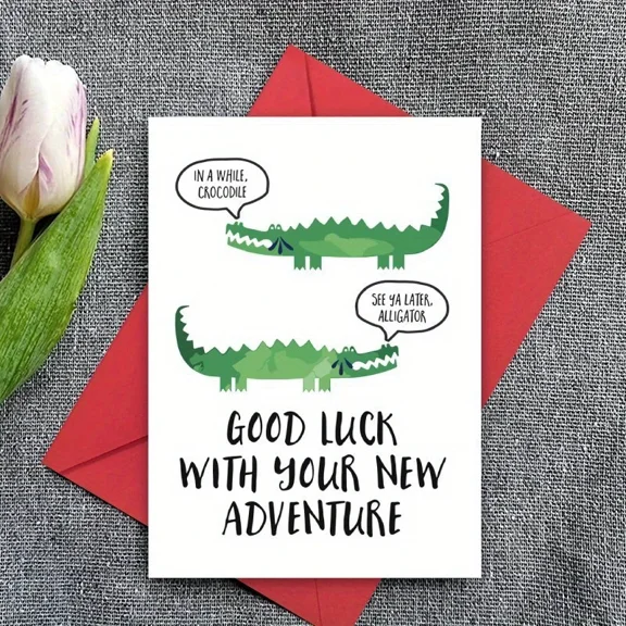 Good Luck Card for New Adventures  Fun Crocodile Design with 'See Ya Later, Alligator' Saying  Blank Inside, Envelope Included  Perfect Farewell or Best Wishes Greeting