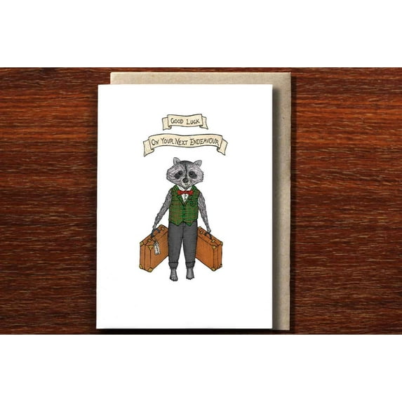 Good Luck Card for New Endeavours – Illustrated Raccoon in Suit Design – Blank Inside with Envelope – Perfect for Graduation, Job Change, or New Adventures