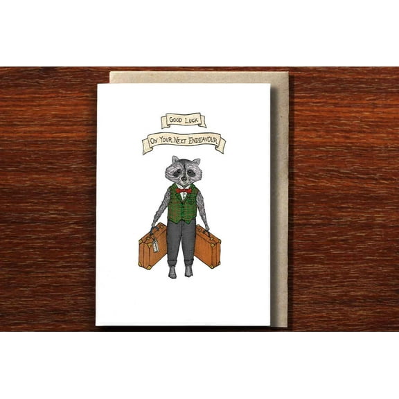 Good Luck Card for New Endeavours – Illustrated Raccoon in Suit Design – Blank Inside with Envelope – Perfect for Graduation, Job Change, or New Adventures