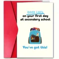 thumbnail image 1 of Good Luck Card for First Day of Secondary School – Encouraging Backpack Design – Envelope Included, Blank Inside – Perfect Gift for Students, 1 of 2