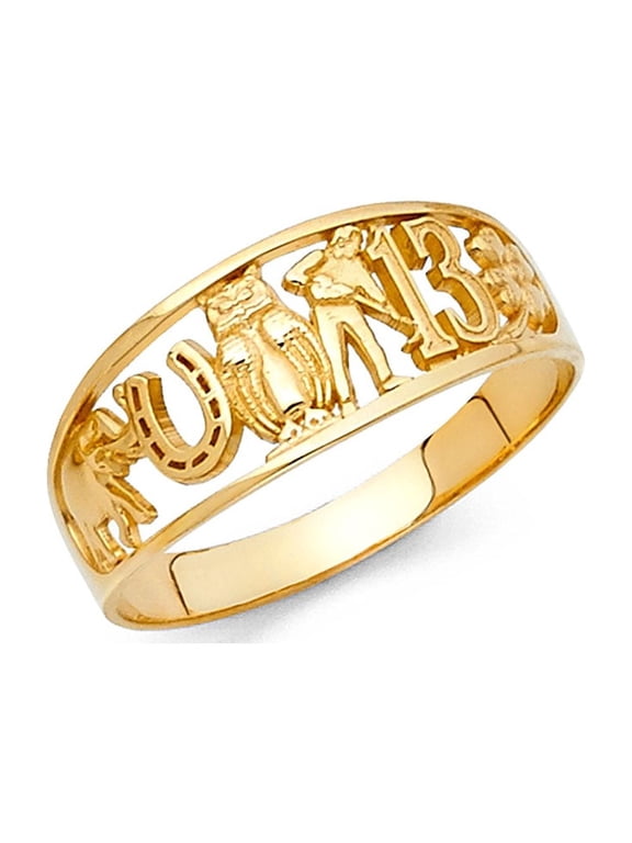 Good Luck Charm Ring 14k Yellow Gold Owl Clover 13 Elephant Horseshoe Band Lucky Symbols 8MM Size 5
