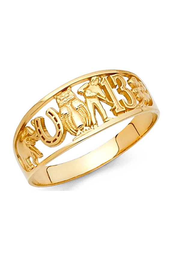 Good Luck Charm Ring 14k Yellow Gold Owl Clover 13 Elephant Horseshoe Band Lucky Symbols 8MM Size 6.5