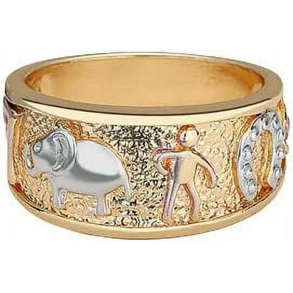 Good Luck Charms Solid 18k Yellow Gold Plated Ring with Elephant, Horseshoe, Seven and Clover Flower