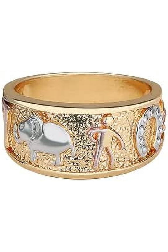 Good Luck Charms Solid 18k Yellow Gold Plated Ring with Elephant, Horseshoe, Seven and Clover Flower