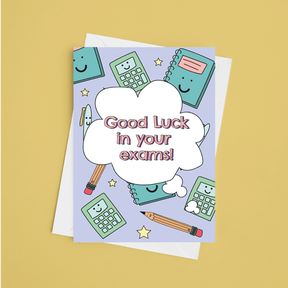 Good Luck in Your Exams Card – Cheerful School Supplies Design – Envelope Included, Blank Inside – Perfect Gift for Students, Graduates, or Anyone Facing Tests
