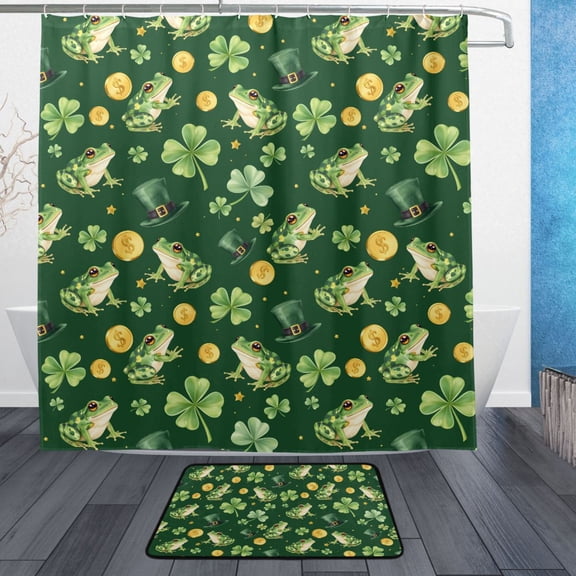 Good Luck Frog Pattern Bathroom Accessory Sets Waterproof Shower Curtain with Absorbent Non-Slip Rug