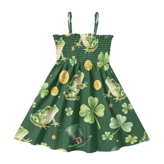 Good Luck Frog Pattern Girls' Casual Dresses 2Y-8Y Sleeveless Ruffle Neck for Summer Daily Wear