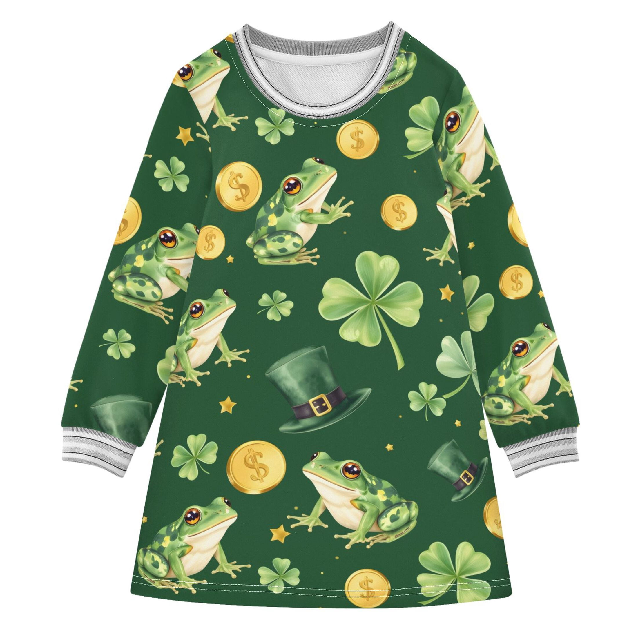 Good Luck Frog Pattern Girls'long-sleeved dress Thickened A-dress Warm ...
