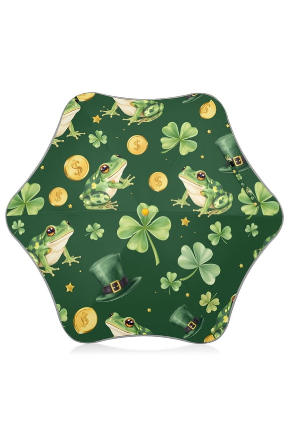 Good Luck Frog Pattern Kids Umbrella Rain Umbrella Clear Grip Handle Folding Umbrellas UV50+ 35in