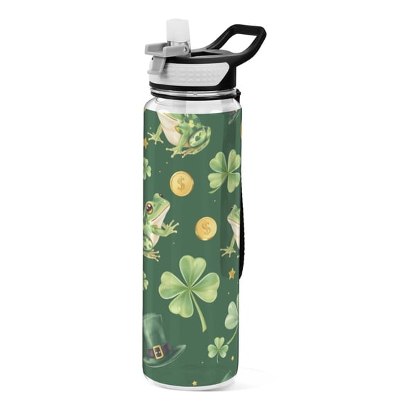 Good Luck Frog Pattern Sport Water Bottle Tritan with Straw 1000ml Portable for Outdoor Daily Use