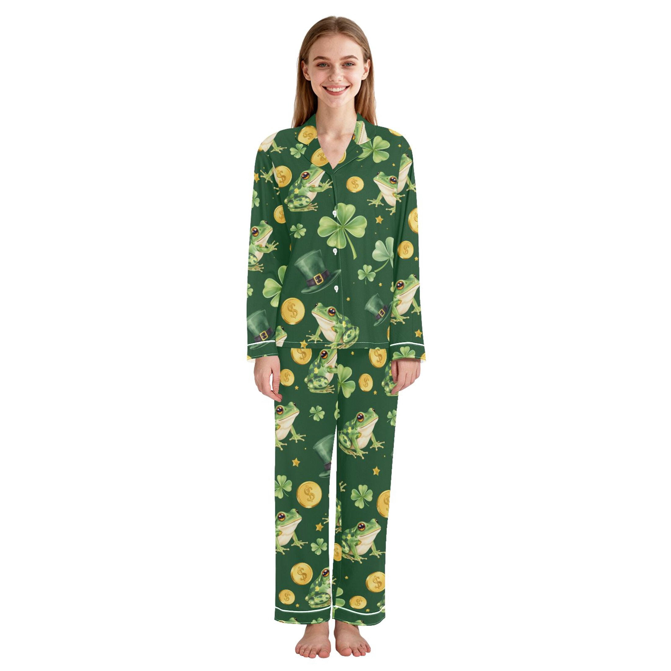 Good Luck Frog Pattern Women Pajama Set Soft Notch Collar Button Down ...