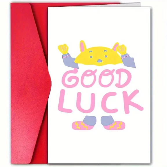Good Luck Greeting Card Cute and Cheerful Design with Cartoon Character Blank Inside for Personal Messages Perfect for Encouragement and Best Wishes