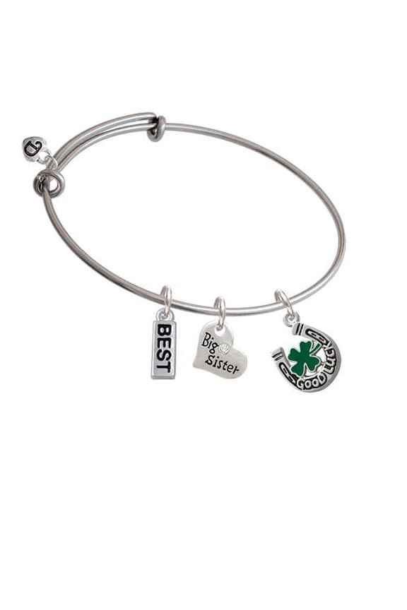 Good Luck Horseshoe with Green Four Leaf Clover Big Sister Heart Expandable Bangle Bracelet