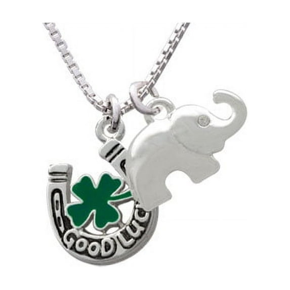 Good Luck Horseshoe with Green Four Leaf Clover Elephant Necklace, 18"+2"