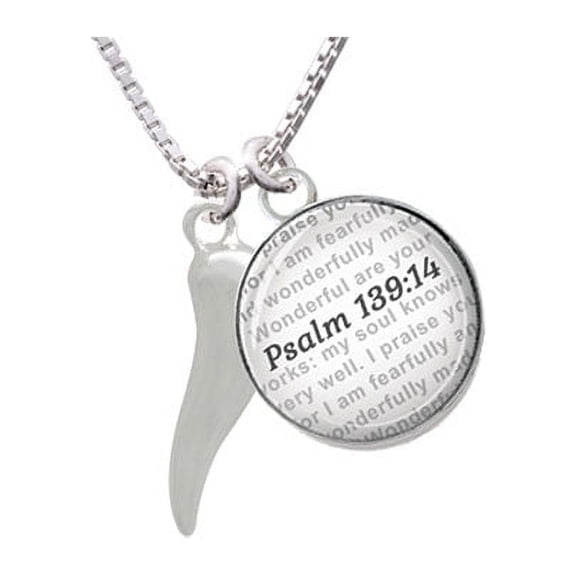 Good Luck Italian Horn - Bible Verse Psalm 139:14 Glass Dome Necklace
