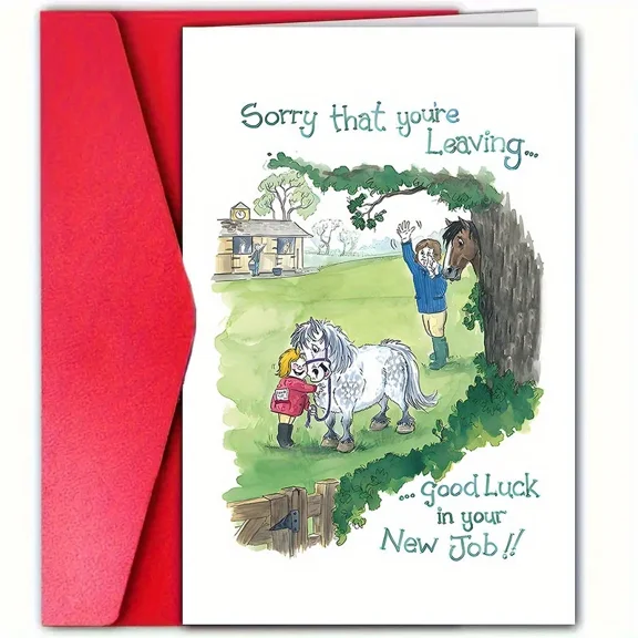 Good Luck in Your New Job Greeting Card  Sorry That You're Leaving Design with Cute Pony and People  Includes Red Envelope  Perfect Farewell Gift