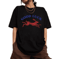 thumbnail image 1 of Good Luck Running Rabbit Print Tshirt Black S-5XL Minimalist Retro Graphic Tees Shirts Tops, 1 of 5