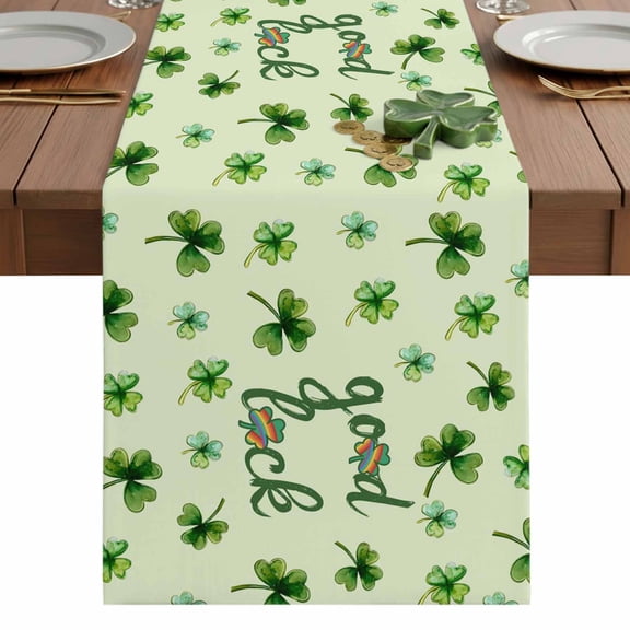 Good Luck St Patrick's Day Clovers Table Runner-36 Inch Long Irish Shamrock Leaves Table Runners Linen Burlap Tablerunner for Kitchen Dining Room Holiday Party