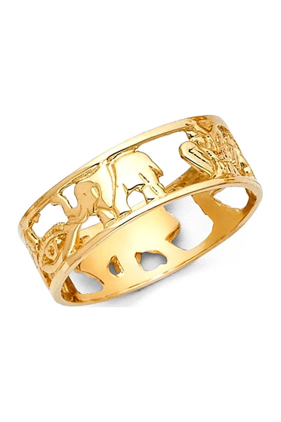 Good Luck Symbols Ring Solid 14k Yellow Gold Lucky Charm Band Open Design Polished Genuine 6MM