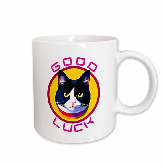 3drose, Good Luck Text and an Adorable Tuxedo Cat Inside Yellow, Red Frame, 15oz Mug