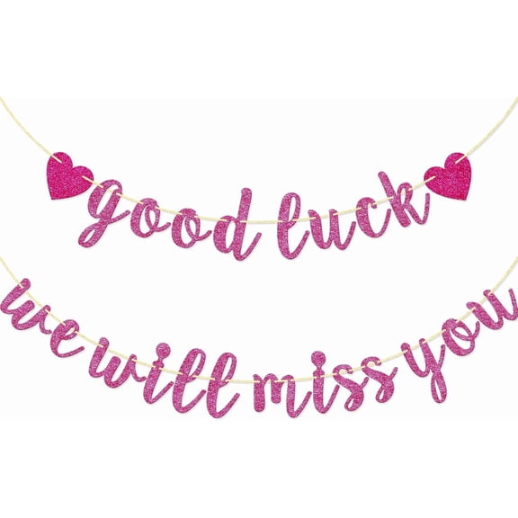 Good Luck We Will Miss You Banner for Farewell Party, Pre-strung Going Away Party Decorations for Graduation Party and Retirement Party, Hot Pink Glitter