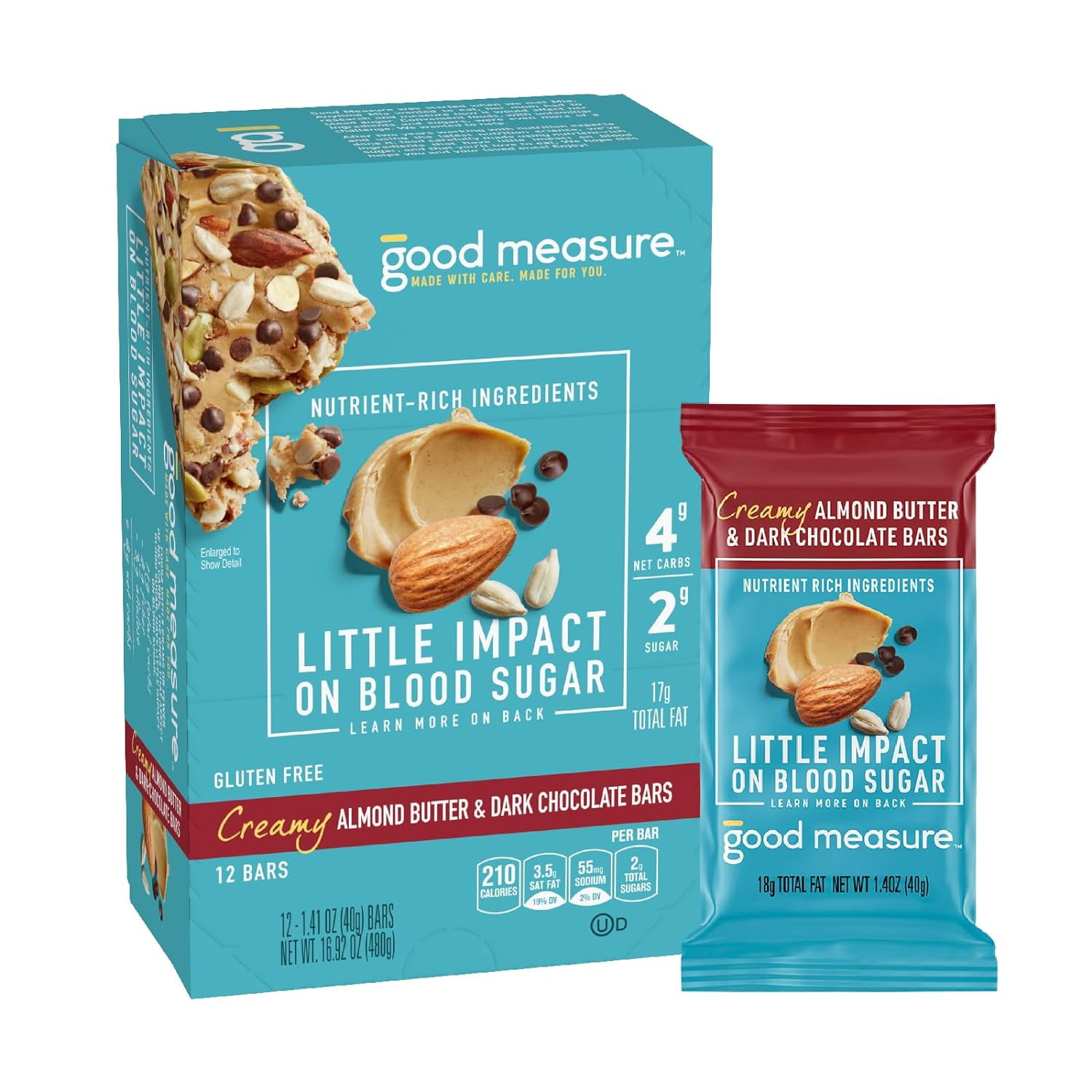 Good Measure Bars, Almond Butter & Blueberry, Creamy - 4 pack, 1.41 oz bars