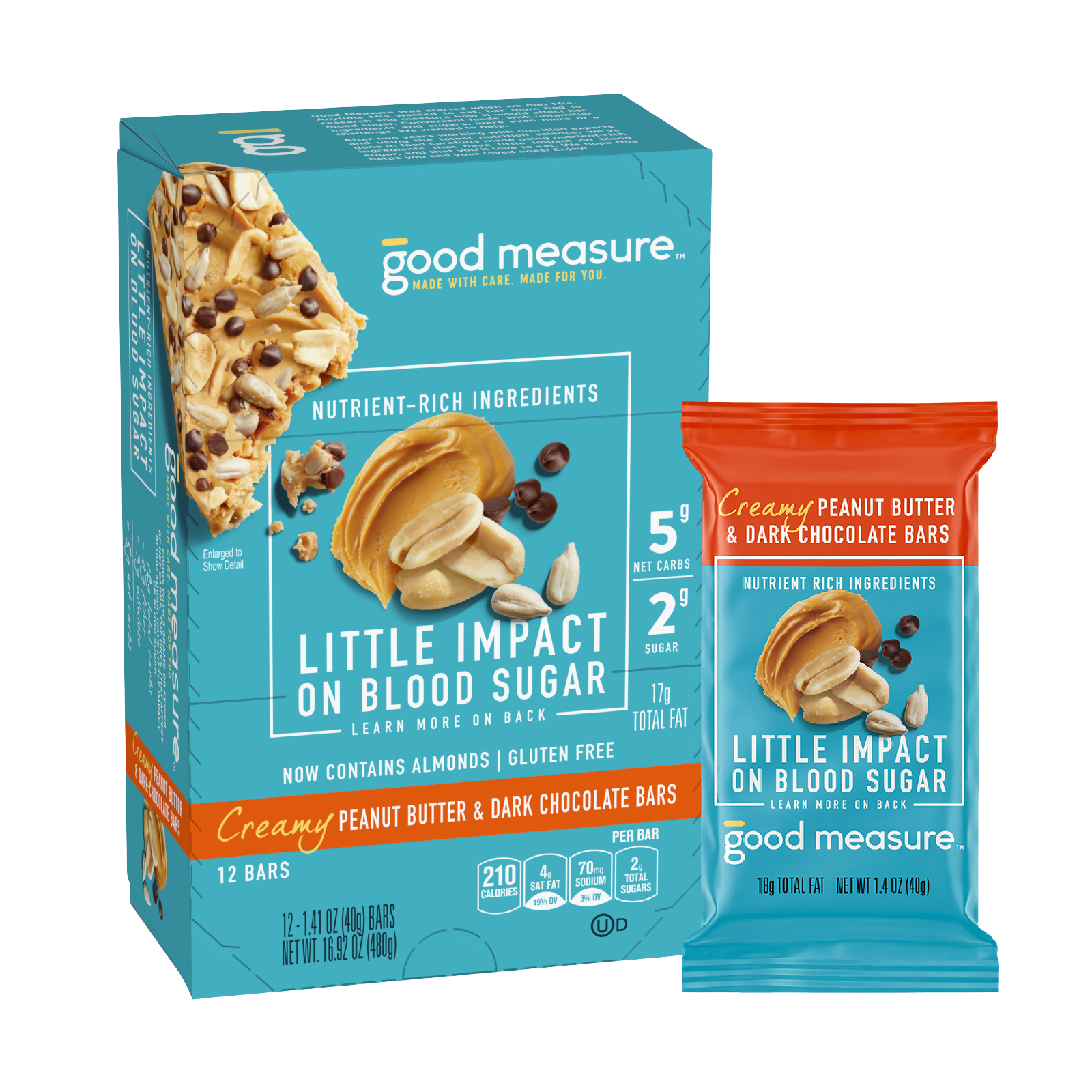 Good Measure Bars, Peanut Butter & Dark Chocolate, 5g Net Carbs, 8g