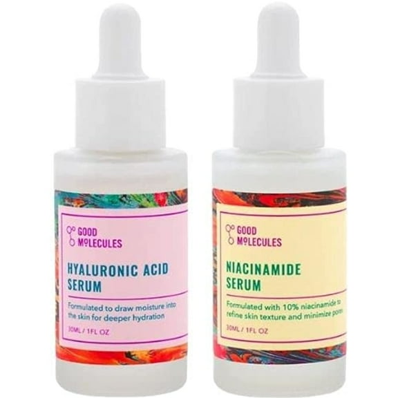 Good Molecules Hyaluronic Acid Serum 1 Oz. and Niacinamide Serum 1 Oz. SET. Brighten, Hydrate and Smooth Skin. Lightweight and Water Based Formula. Vegan and Cruelty Free.