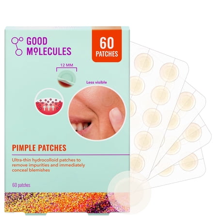 Good Molecules Pimple Patches - Ultra-Thin Hydrocolloid Patches, Invisible Under Makeup, Conceals Blemishes, Blackheads & Zits, Suitable for Acne-Prone Skin, Skincare for Face, 60 count