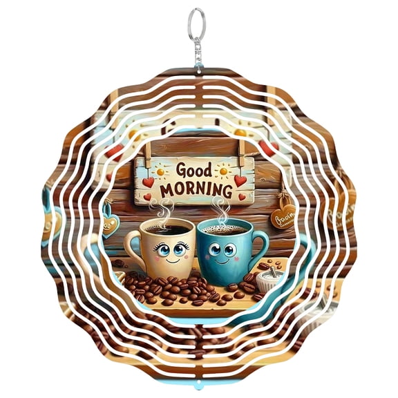 Good Morning Coffee Boho Heart 3D Wind Spinner Stainless Steel Kinetic Art Kitchen Cafe Housewarming Gift 10 Inch