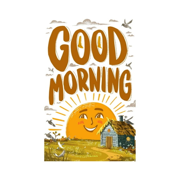 Good Morning Cottage Happy Sun Morning Greetings Quote Wall Art Sticker Designs Vinyl Stickers For Home House Walls Rooms Windows Bedroom Decoration Size (12x12 inch)