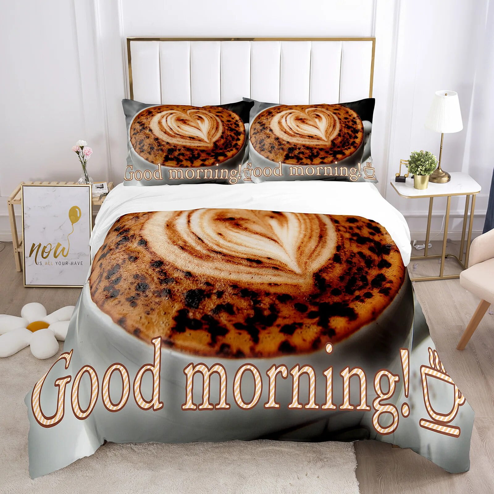 Good Morning Duvet Cover Set 3D Print Bread Coffee Breakfast Polyester Comforter Cover King Full