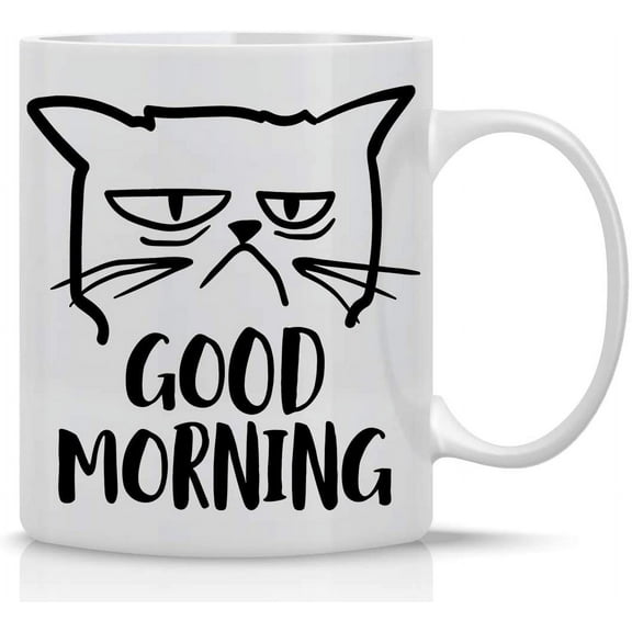 Good Morning Funny Grumpy Cat 11oz White Ceramic Coffee Mug - Cute Unique Cat Mom Gifts for Birthdays, Anniversaries, or Any Occasion